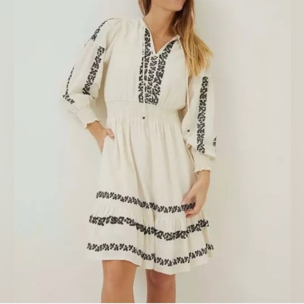 Fat Face Ivory embroidered Black Long Sleeve Dress Size 8